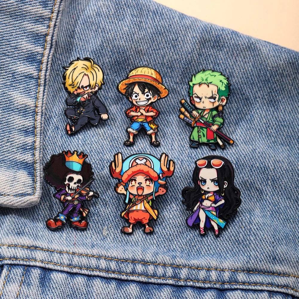 6pcs ONE PIECE Cartoon Character Brooches Set Q Version including Monkey D. Luffy Roronoa Zoro Sanji Brook Gift for Friends