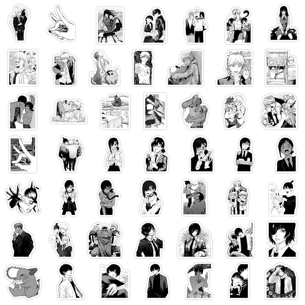 10/30/50/100pcs Black White Chainsaw Man Anime Stickers DIY Skateboard Luggage Helmet Phone Cool Cartoon Graffiti Decals Kid Toy