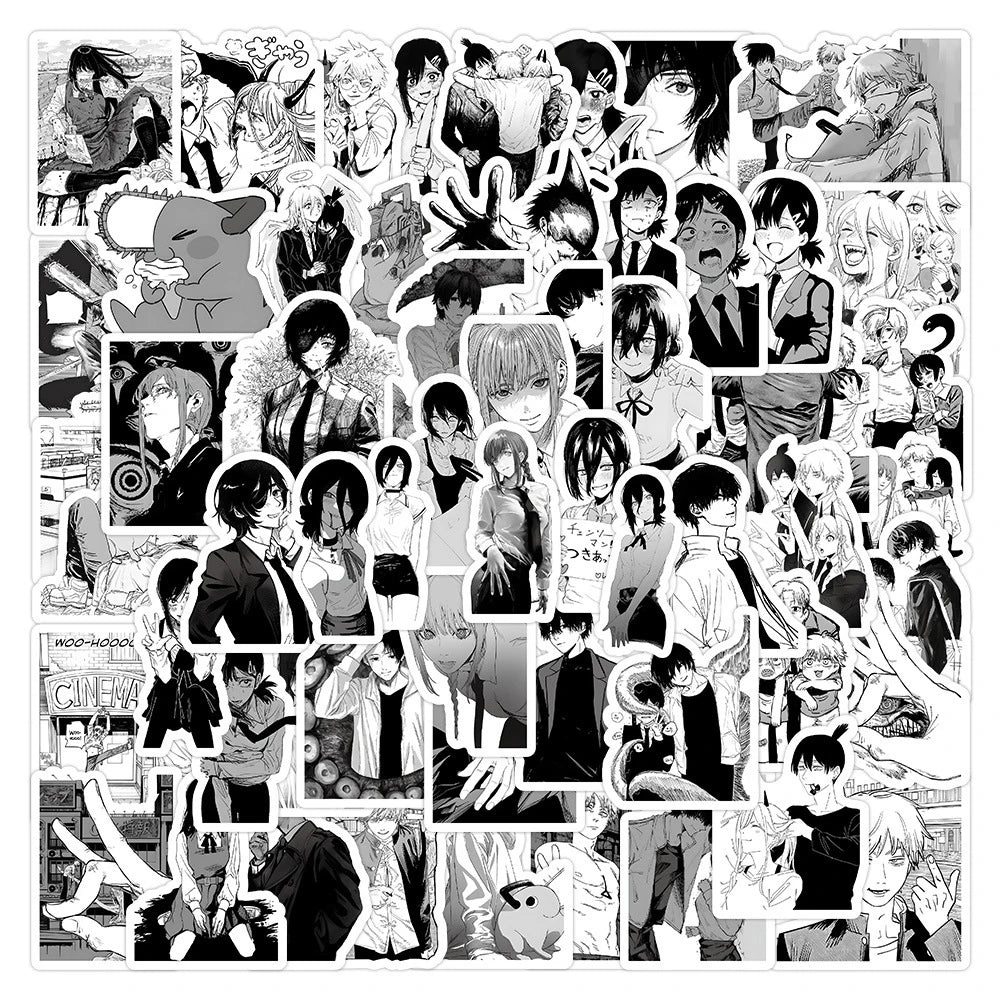 10/30/50/100pcs Black White Chainsaw Man Anime Stickers DIY Skateboard Luggage Helmet Phone Cool Cartoon Graffiti Decals Kid Toy