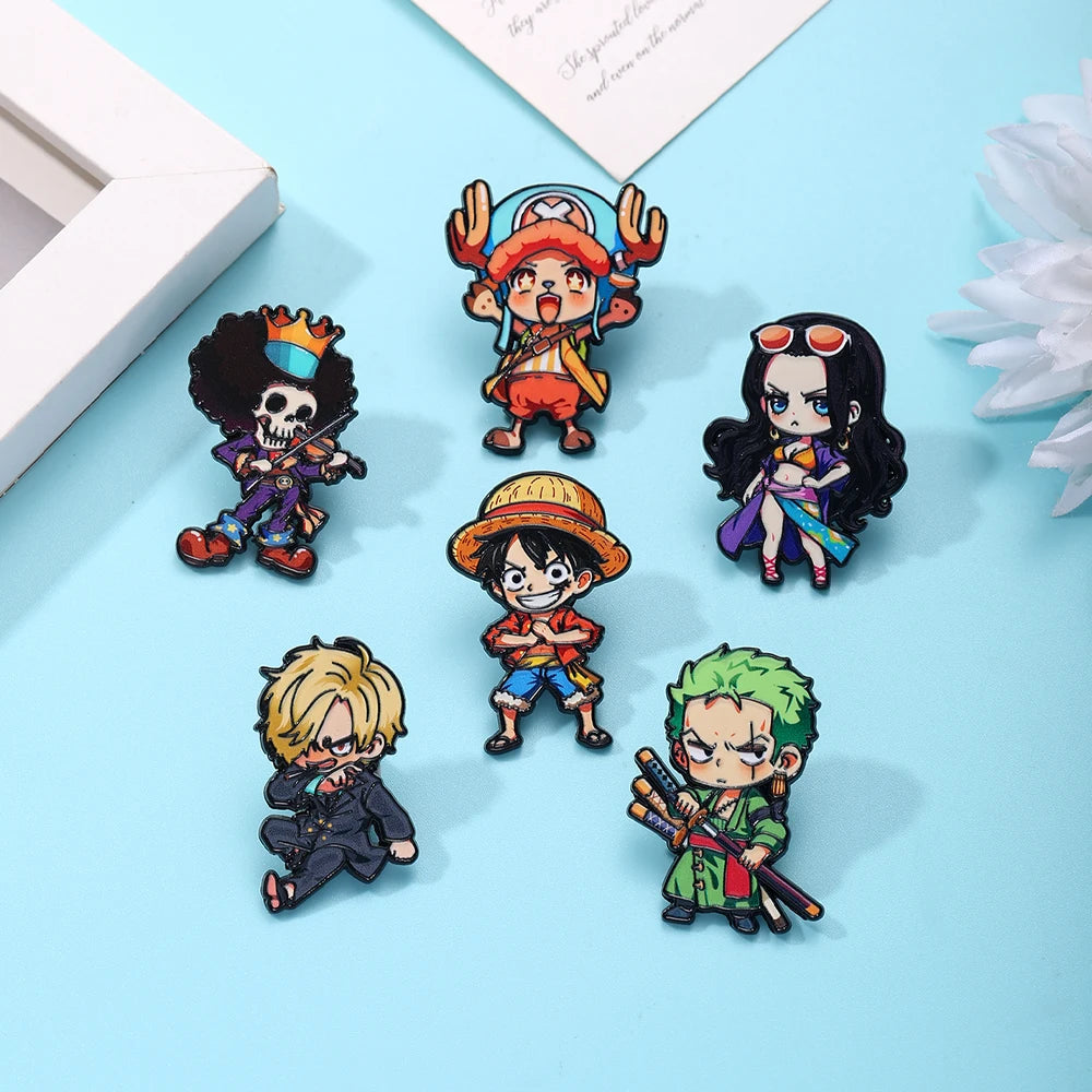 6pcs ONE PIECE Cartoon Character Brooches Set Q Version including Monkey D. Luffy Roronoa Zoro Sanji Brook Gift for Friends